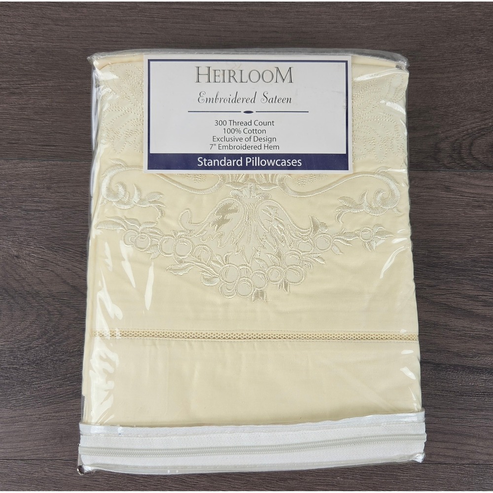 VTG Shavel Heirloom Pillowcases Ivory Cream Embroidered‎ Sateen 300TC Cotton NOS